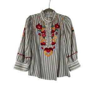 Antik Batik Women's XS/36 Striped Embroidered 100% Cotton Top Blouse